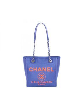 Chanel Tote Bag Deauville PM Blue Neon Orange Canvas Leather Chain PM